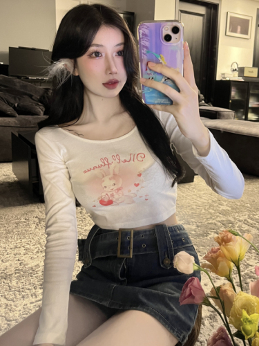 Real shot of early spring sweet hottie pure lust style long-sleeved rabbit print T-shirt women's short slim top