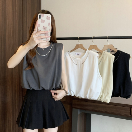 Actual shot of 40-count pure cotton vest for women 2024 summer chain shoulder pad sleeveless T-shirt for women loose solid color top