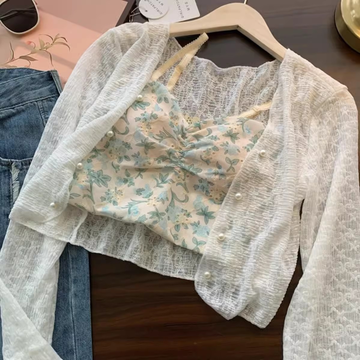 Summer new style lace sun protection cardigan jacket for women breathable thin versatile short style with suspenders air conditioning blouse top