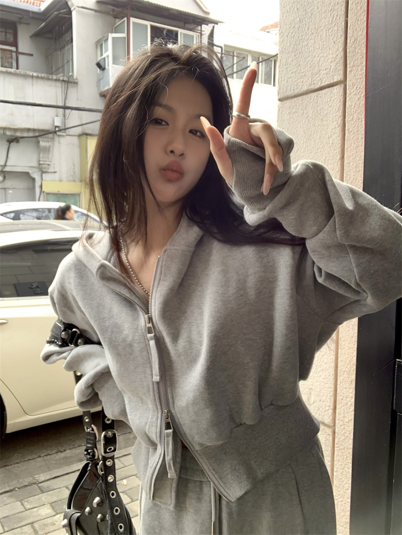 Real shot of retro double zipper hooded thin women's spring loose waist slimming short long-sleeved coat suit