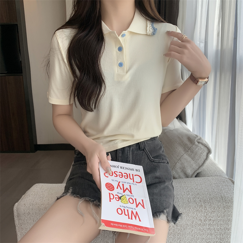 2024年夏季新款花邊撞色polo領別致短袖t恤女設計感甜美減齡上衣