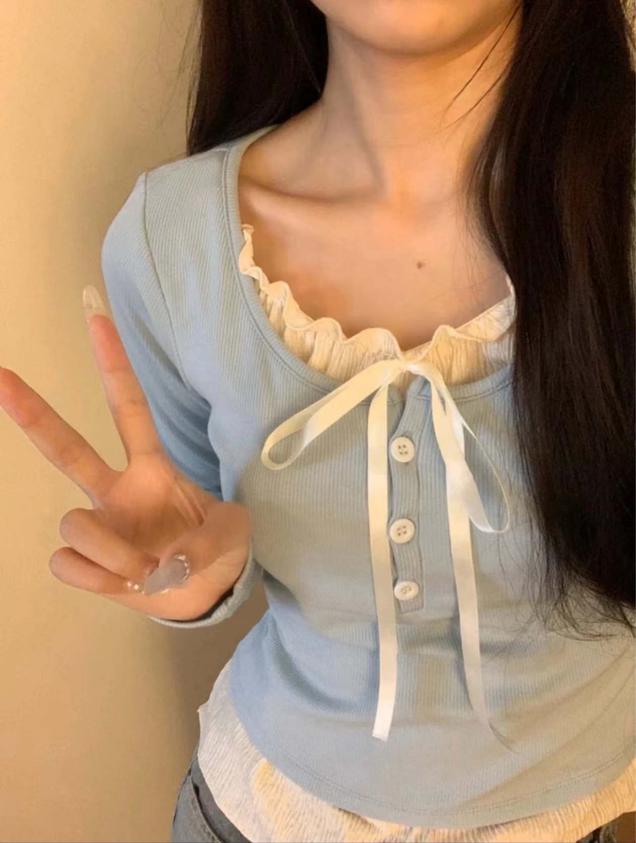 奶fufu韓女氛圍感打底衫純欲芭蕾風假兩件顯腰細上衣