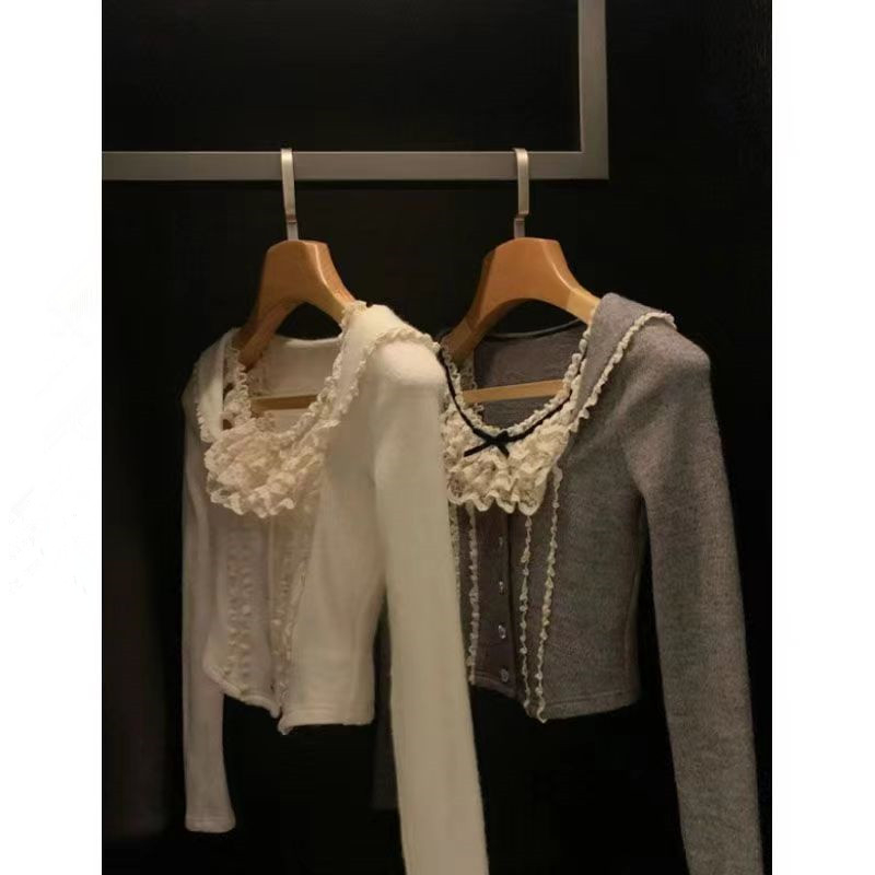 Official photo DeRong Korean style bottoming shirt autumn 2024 lace slimming fake two-piece top for women ins