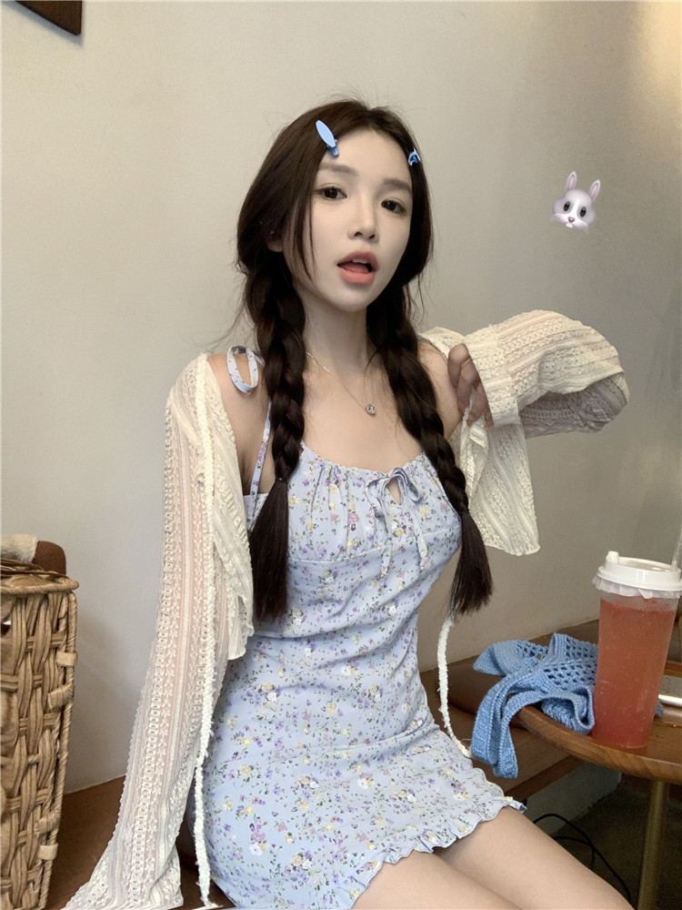 實拍~吊帶連衣裙修身顯瘦木耳邊碎花短裙+薄款針織小開衫女