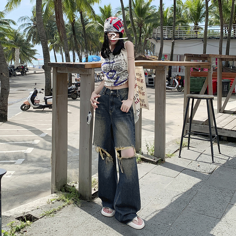 實拍~美式街頭新品 2024春夏寬鬆韓版折貓須破洞牛仔褲拖地褲女潮