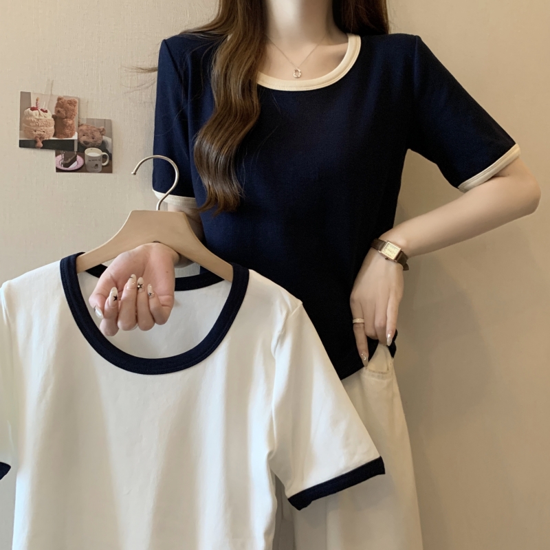 2024夏裝撞色短袖T恤女純棉修身小衫ins潮彈力短款上衣正肩打底衫