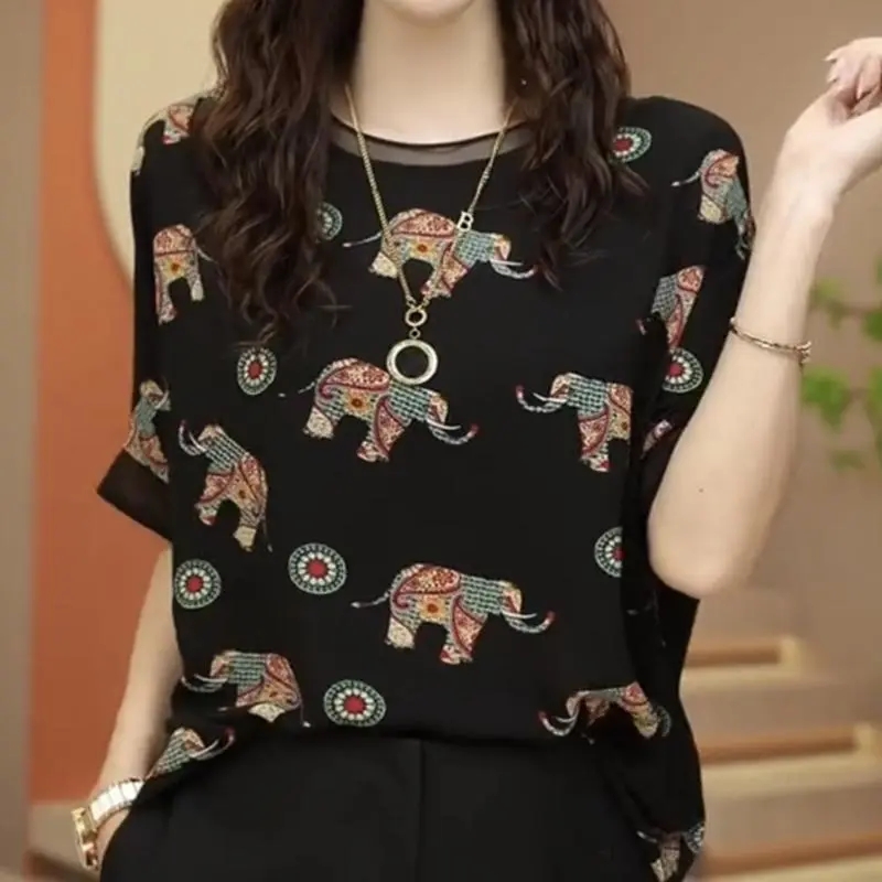 真絲雪紡短袖T恤女夏季新款外穿小衫媽媽遮肉顯瘦桑蠶絲印花上衣