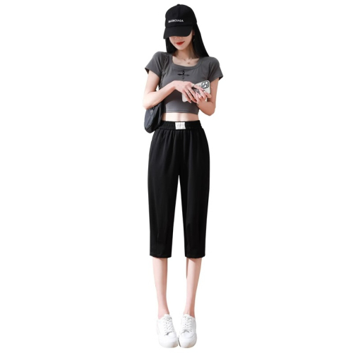 Ice silk cropped pants for women summer 2024 new thin women's pants high waist slim black pants casual harem pants