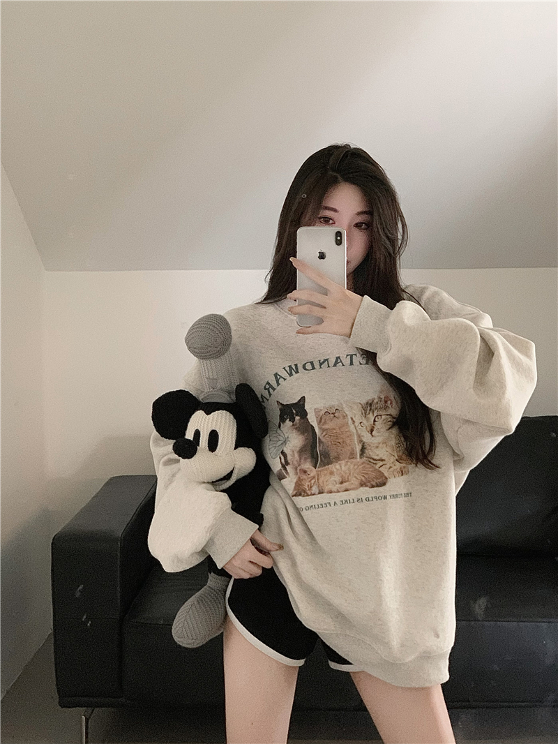加絨加厚薄款卡通貓咪圓領衛衣女韓版秋冬寬鬆韓版風套頭長袖上衣