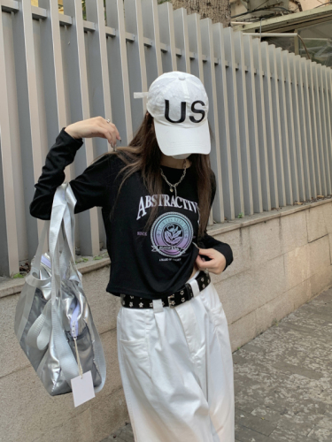 Real shot ~ American letter printed short round neck slim and fashionable long-sleeved T-shirt bottoming shirt for women