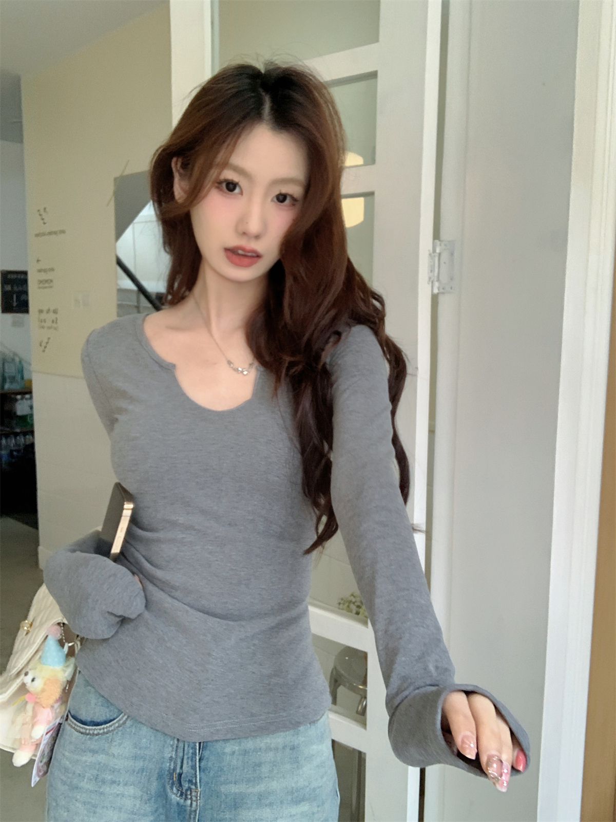 實拍 春季韓版修身半開領純色褶皺設計感純棉長袖T恤上衣女