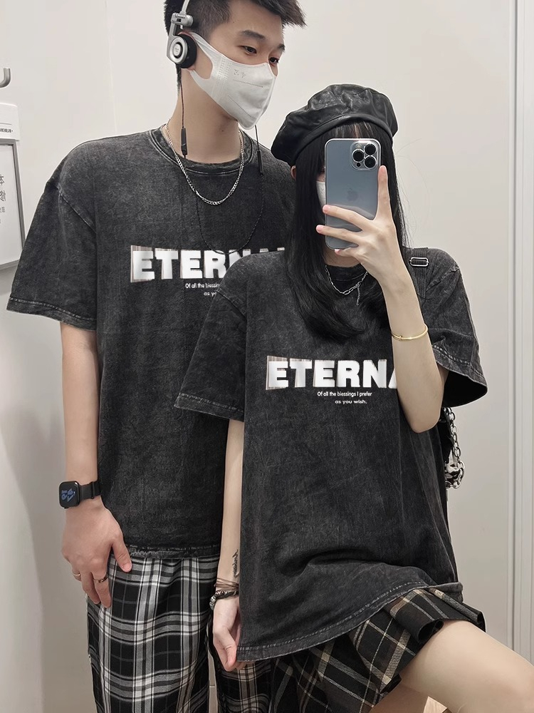 夏季早春美式復古水洗工藝做舊重磅不一樣情侶裝t恤男短袖女ins潮