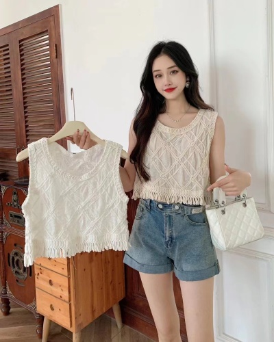 Niche design retro crochet hollow suspender first love style travel and vacation outer loose vest foreign style top