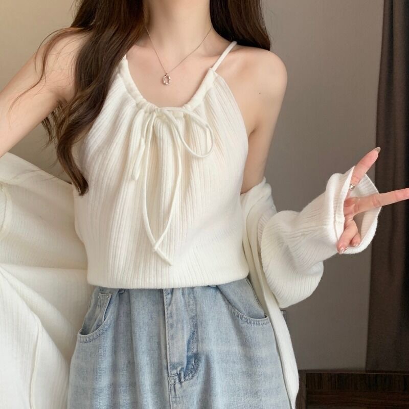 早春針織套裝上衣女新款溫柔系氣質純色百搭開衫吊帶背心兩件套女