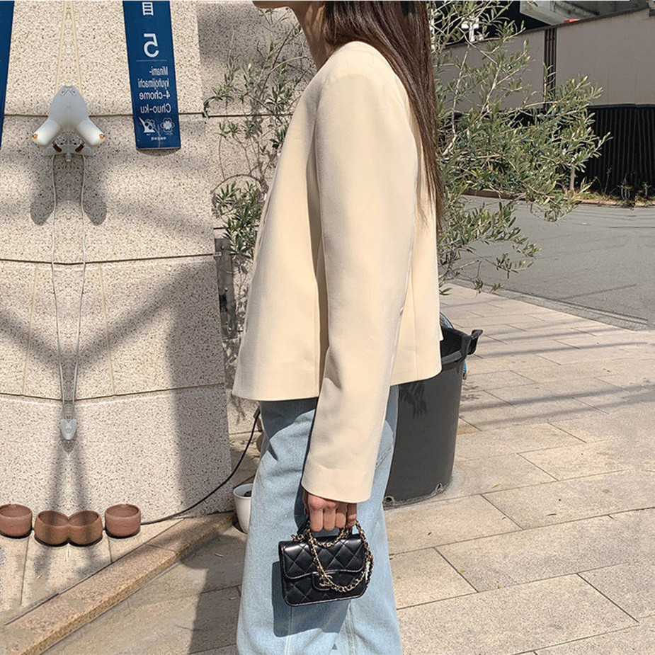 Korean style small round neck solid color short jacket for women 2024 spring and summer new simple single-breasted casual jacket top