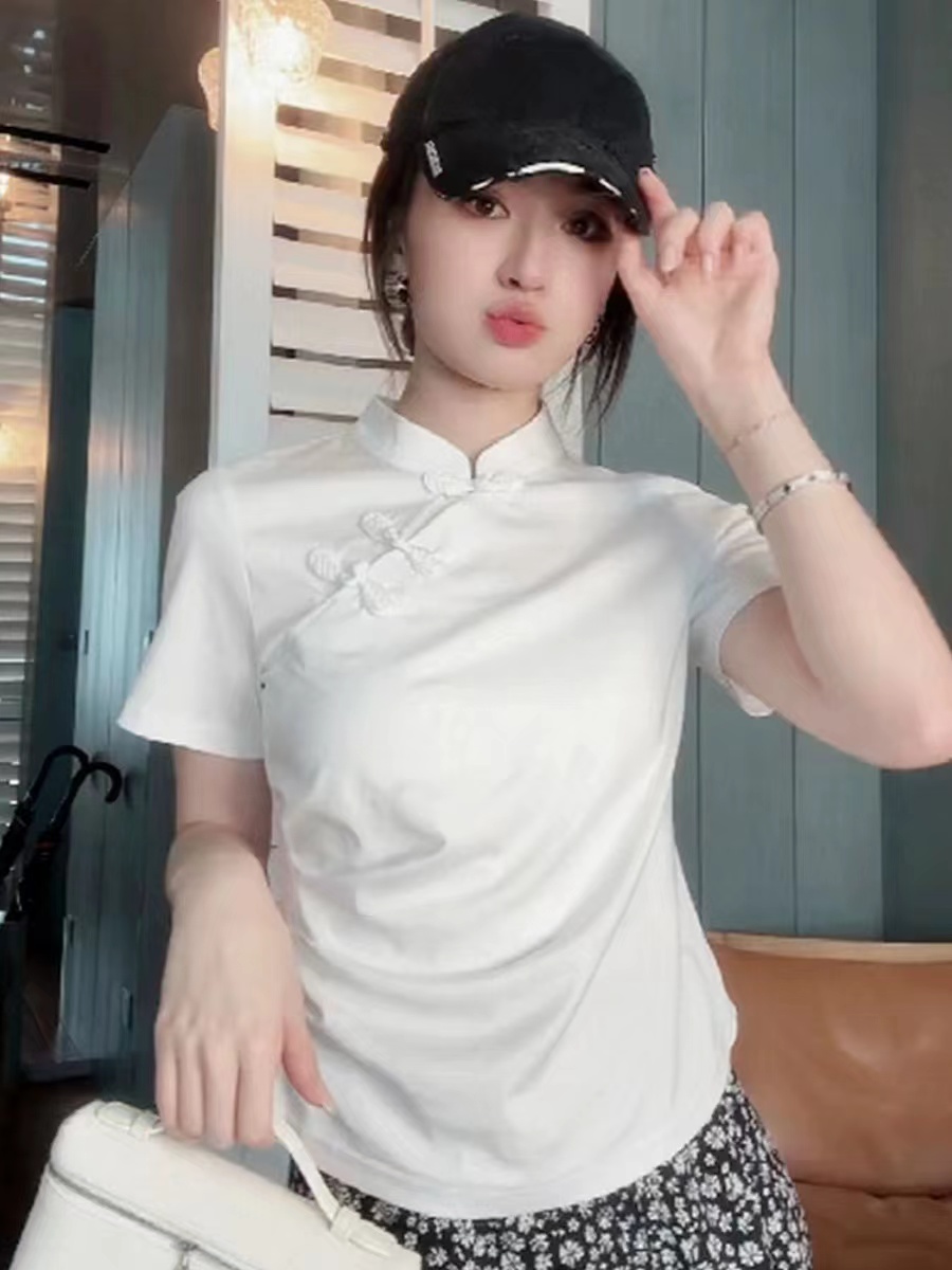 新中式短袖t恤女2024新款夏季設計感小眾盤扣國風短款別致上衣服