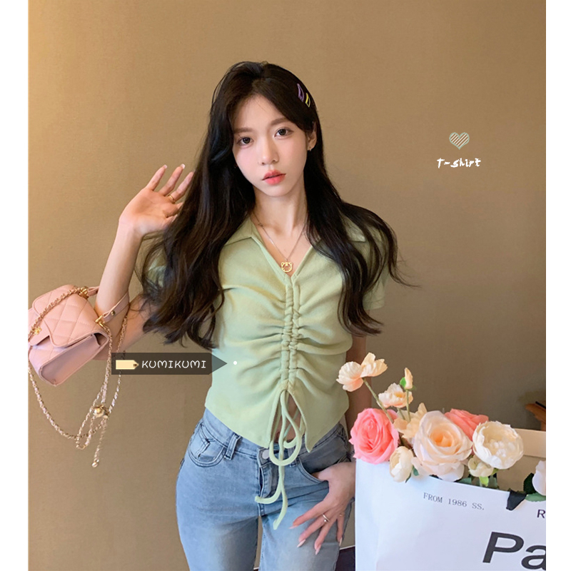 Green short-sleeved T-shirt for women in summer niche design drawstring V-neck pleated short sweet and spicy ins