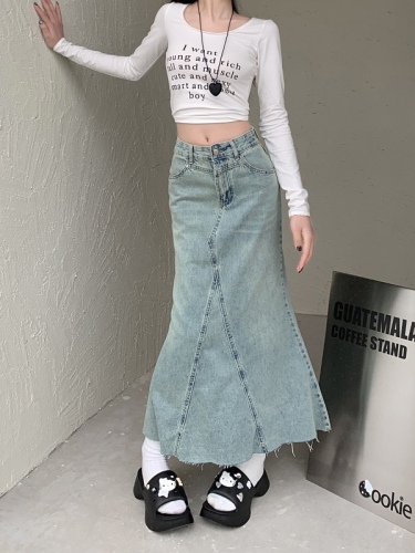 Real shot ~ American retro raw edge fishtail denim skirt