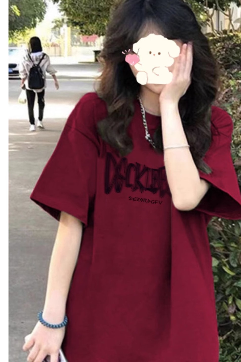 純棉美式復古正肩酒紅色短袖T恤女2024夏季寬鬆半袖小眾潮牌