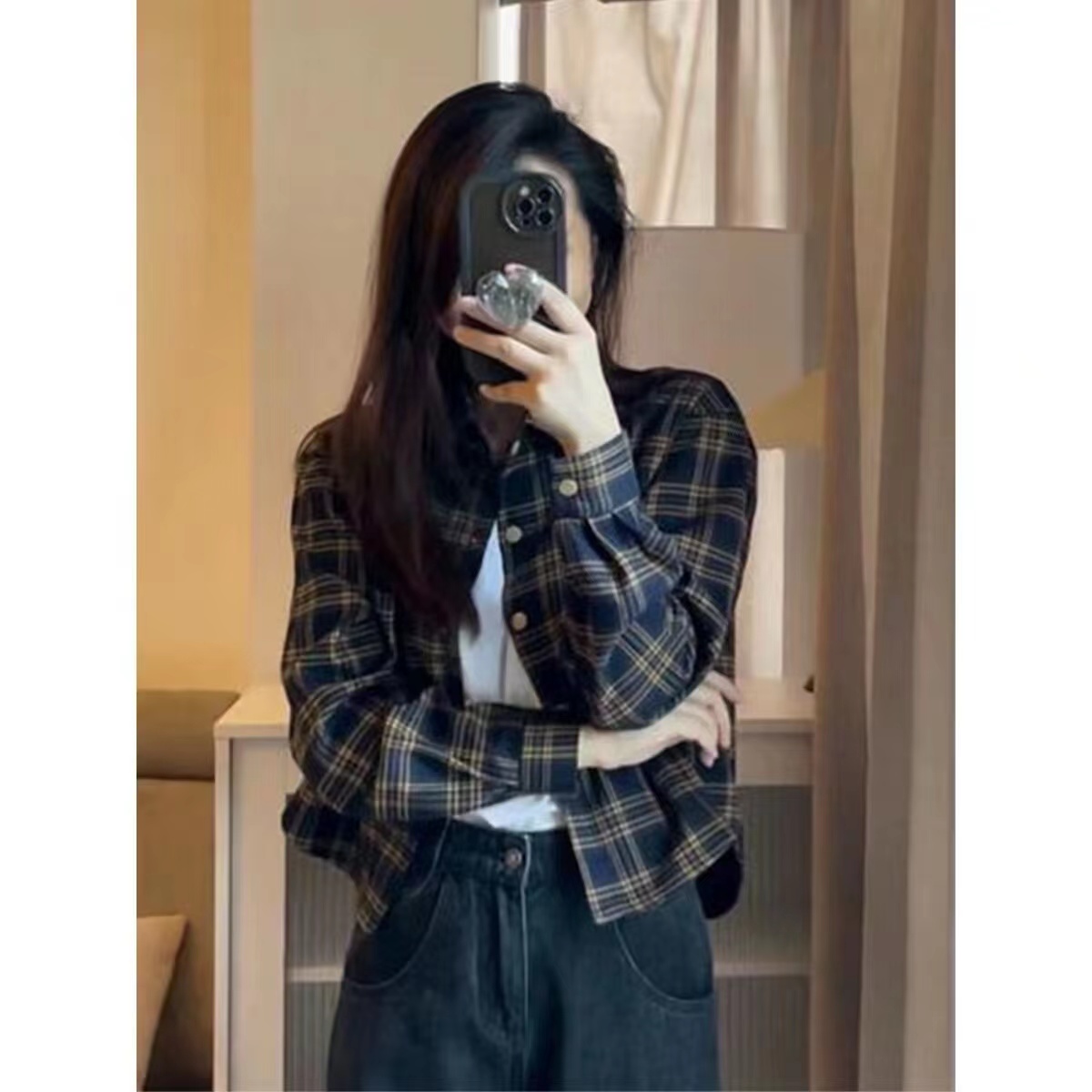 磨毛復古格子襯衫女短款外套春秋新款長袖上衣高級感襯衣