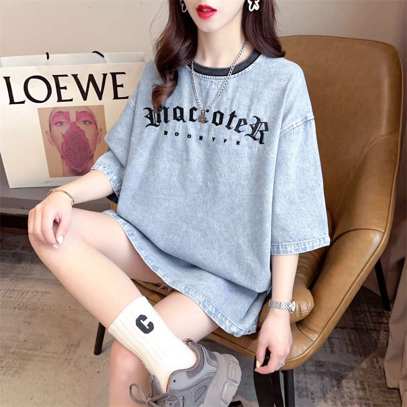 Real shot 2024 summer Korean style round neck pure cotton denim letter embroidered large size short-sleeved T-shirt for women
