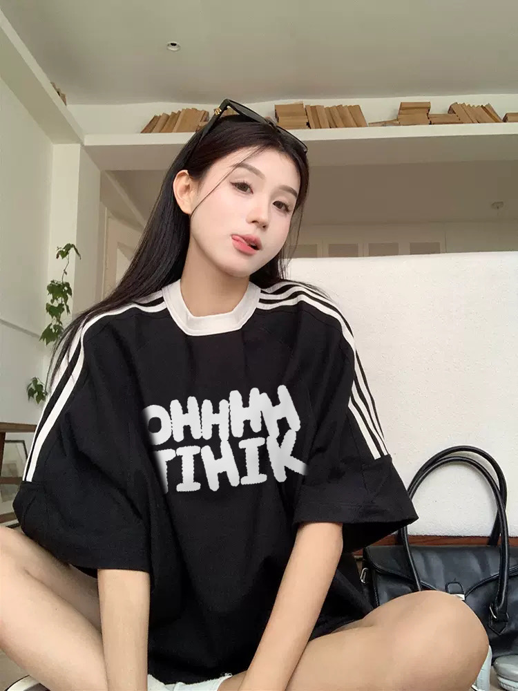 國潮牌撞色三條槓短袖t恤女夏季設計感小眾純棉寬鬆慵懶圓領上衣