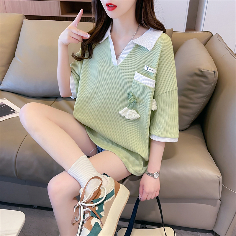 實拍 夏裝韓版寬鬆POLO領華夫格口袋立體裝飾大碼短袖T恤女