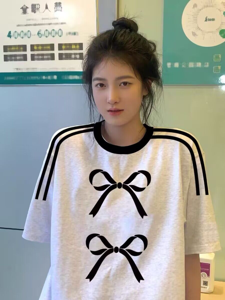 純棉200克21支精梳精密直播品質前 印花三條槓落肩短袖t恤女