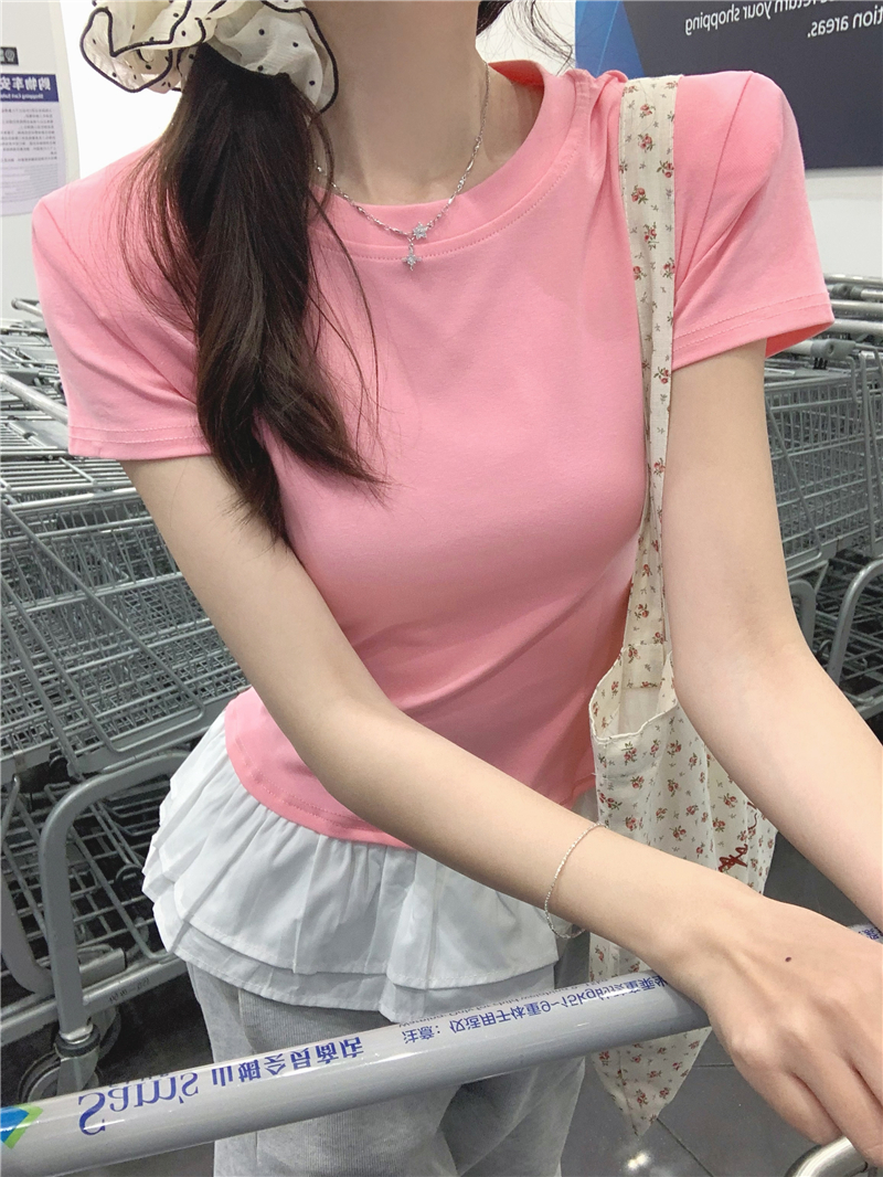 Actual shot of new spring design fluffy skirt with spliced ​​slimming inner top and short-sleeved T-shirt