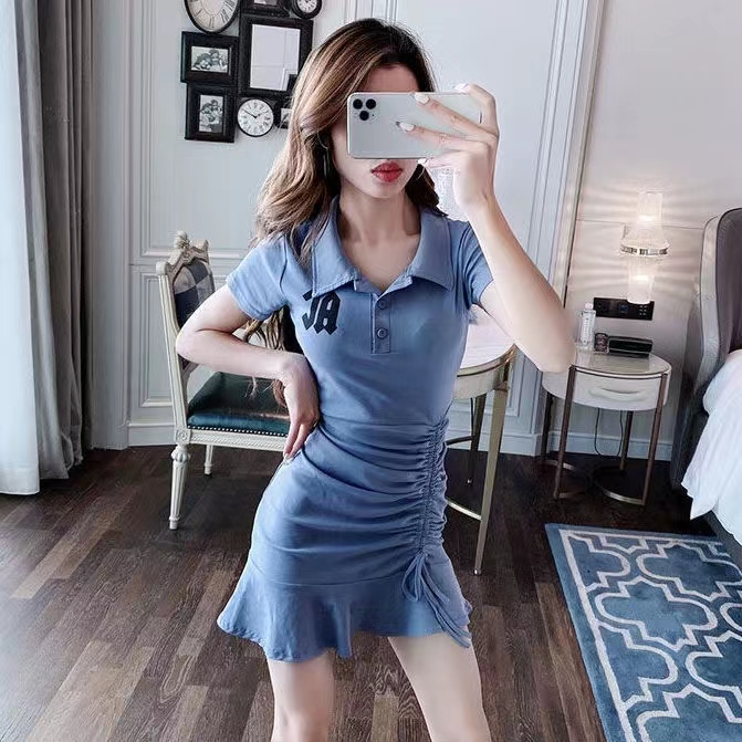 Polo抽繩修身連衣裙歐洲站女裝2024新款夏裝歐貨氣質顯瘦裙子女