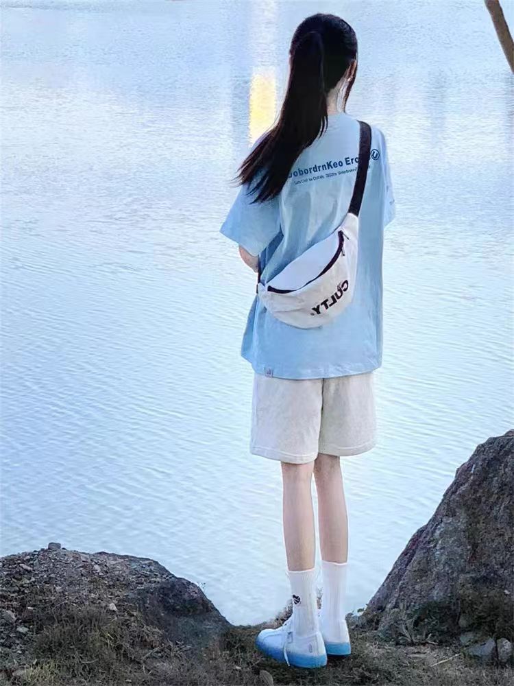 200g combed compact offspun pure cotton back strip Spring and summer loose right shoulder printed short-sleeved T-shirt