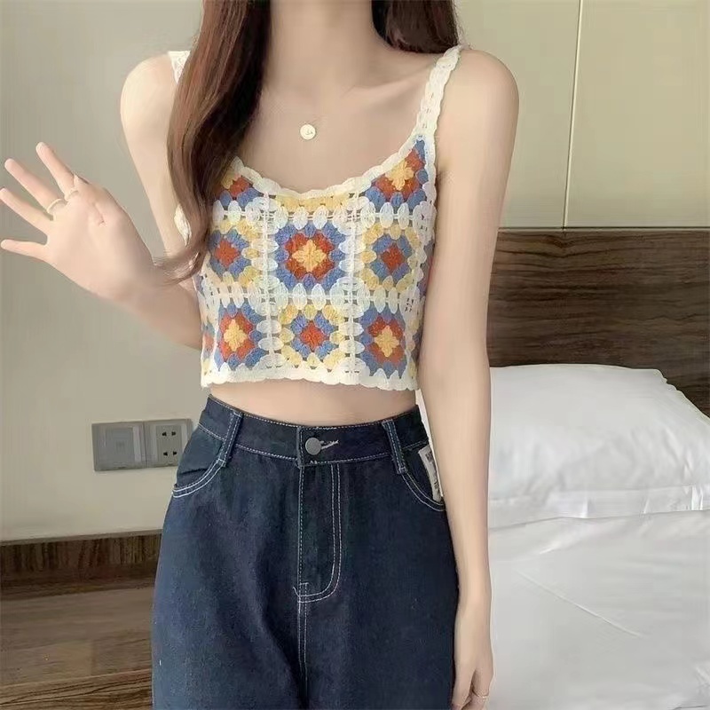 鏤空鈎花拼色刺繡法式復古花朵短款小吊帶上衣外穿女