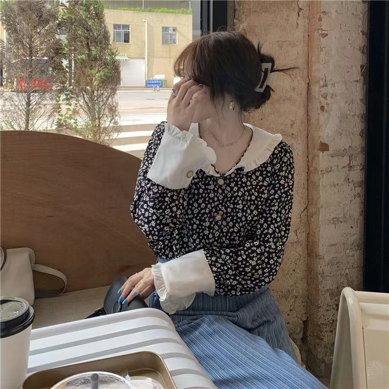 設計感小眾碎花襯衫女復古港味2024年春秋法式顯瘦翻領心機上衣潮