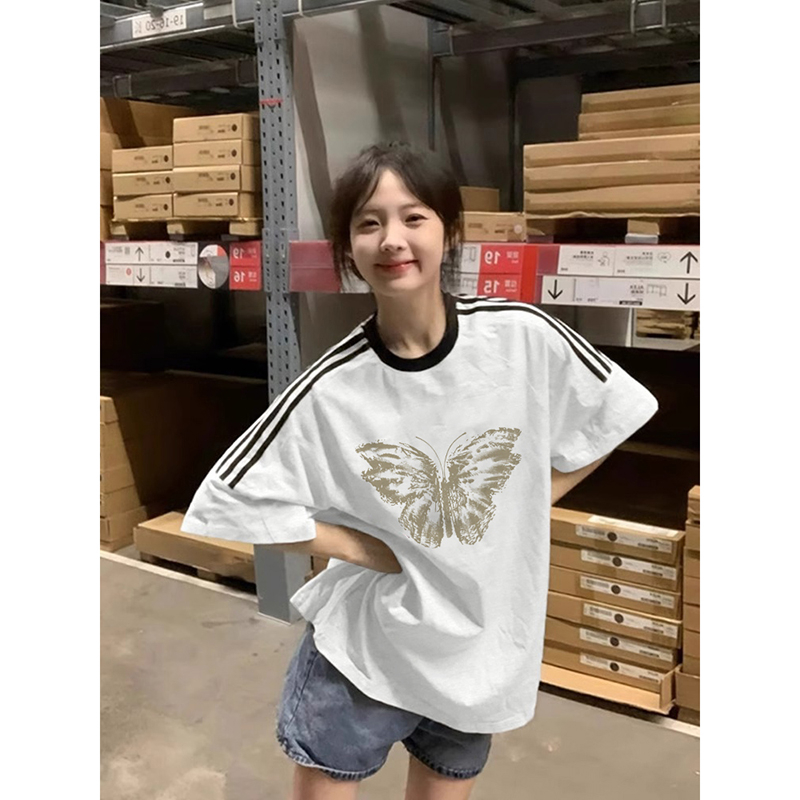 200g back pack 20 count plain weave spring and summer pure cotton three-stripe short-sleeved T-shirt