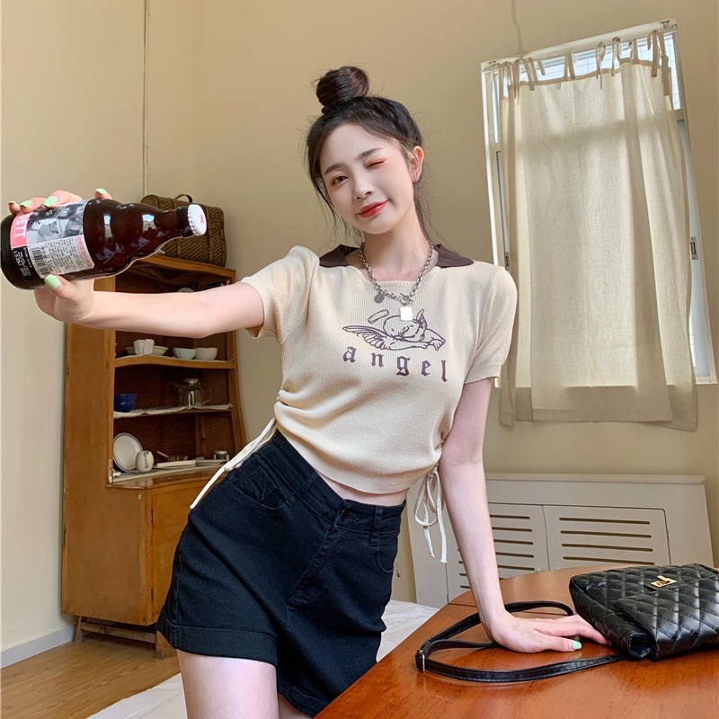 Official picture Designed drawstring letter printed short-sleeved T-shirt for women with POLO collar summer slimming short top