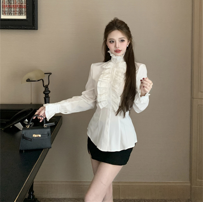Palace style shirt women's design ruffled white shirt stand collar long sleeve bottoming shirt real shot