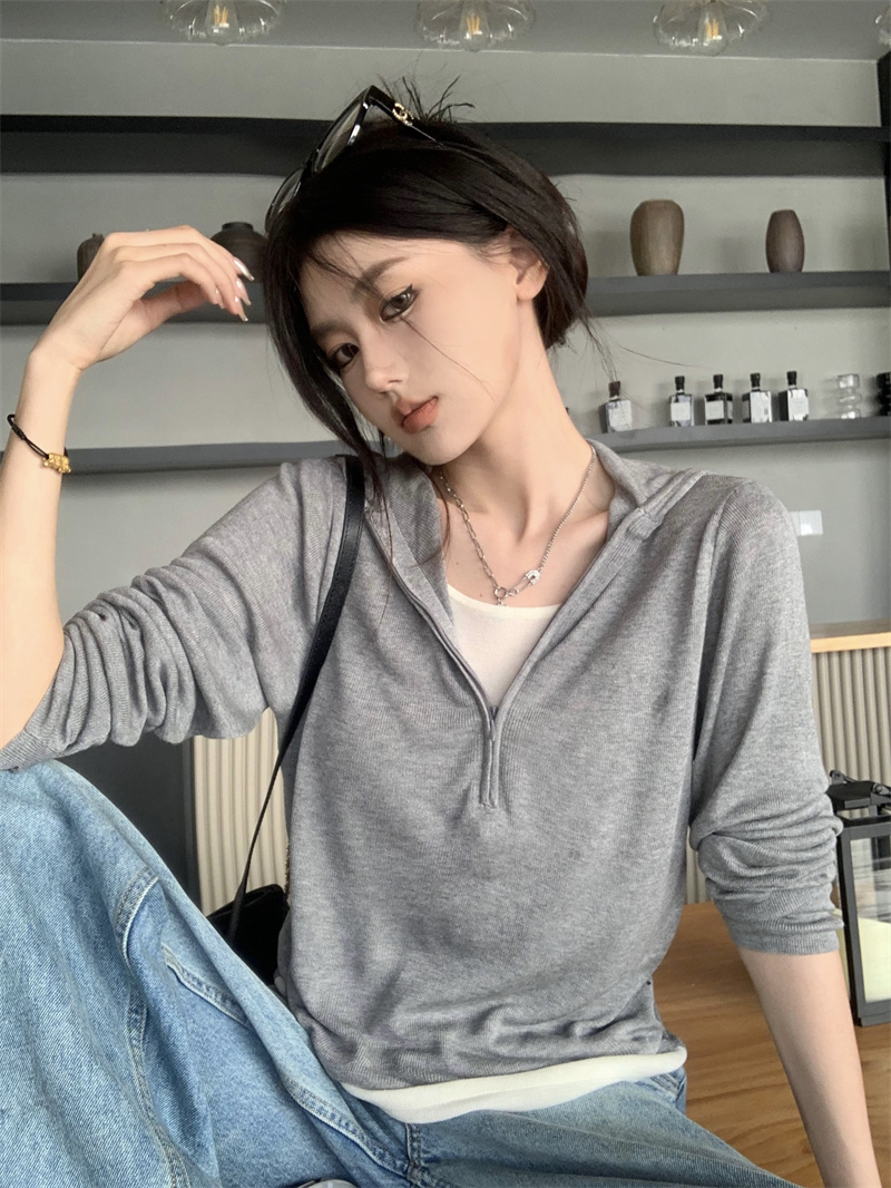 實拍  美式復古風簡約風拉鏈修身顯瘦長袖T恤女連帽上衣