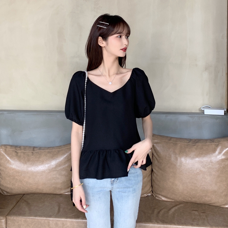 實拍夏季新款大碼女裝黑色短袖上衣洋氣減齡短款襯衫 M-4XL200斤