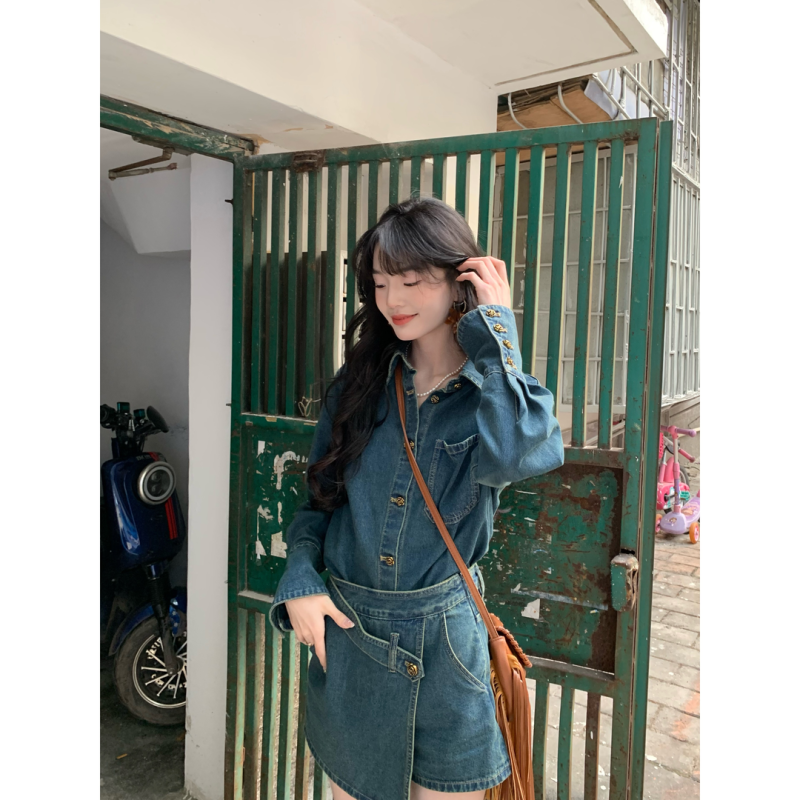 欣子野左岸春季氣質顯瘦百搭小眾設計女港風牛仔套裝