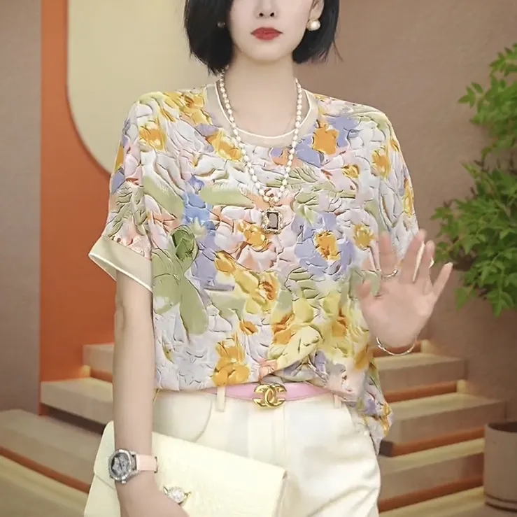 新款夏季洋氣輕奢時尚顯瘦短袖t恤休閒百搭減齡印花圓領上衣