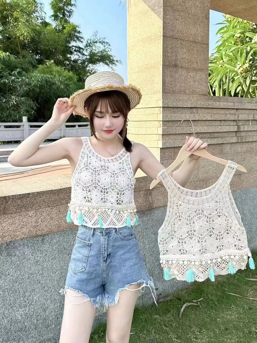 背心女夏季新款韓版鏤空鈎花流蘇小眾設計感外穿無袖坎肩美背上衣