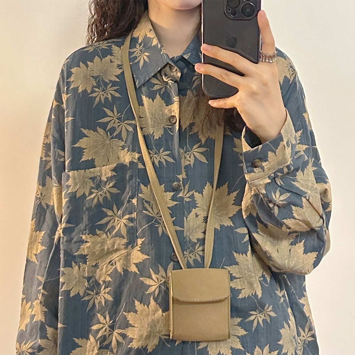 春秋新款美式復古寬鬆楓葉滿印長袖襯衫女小眾設計感