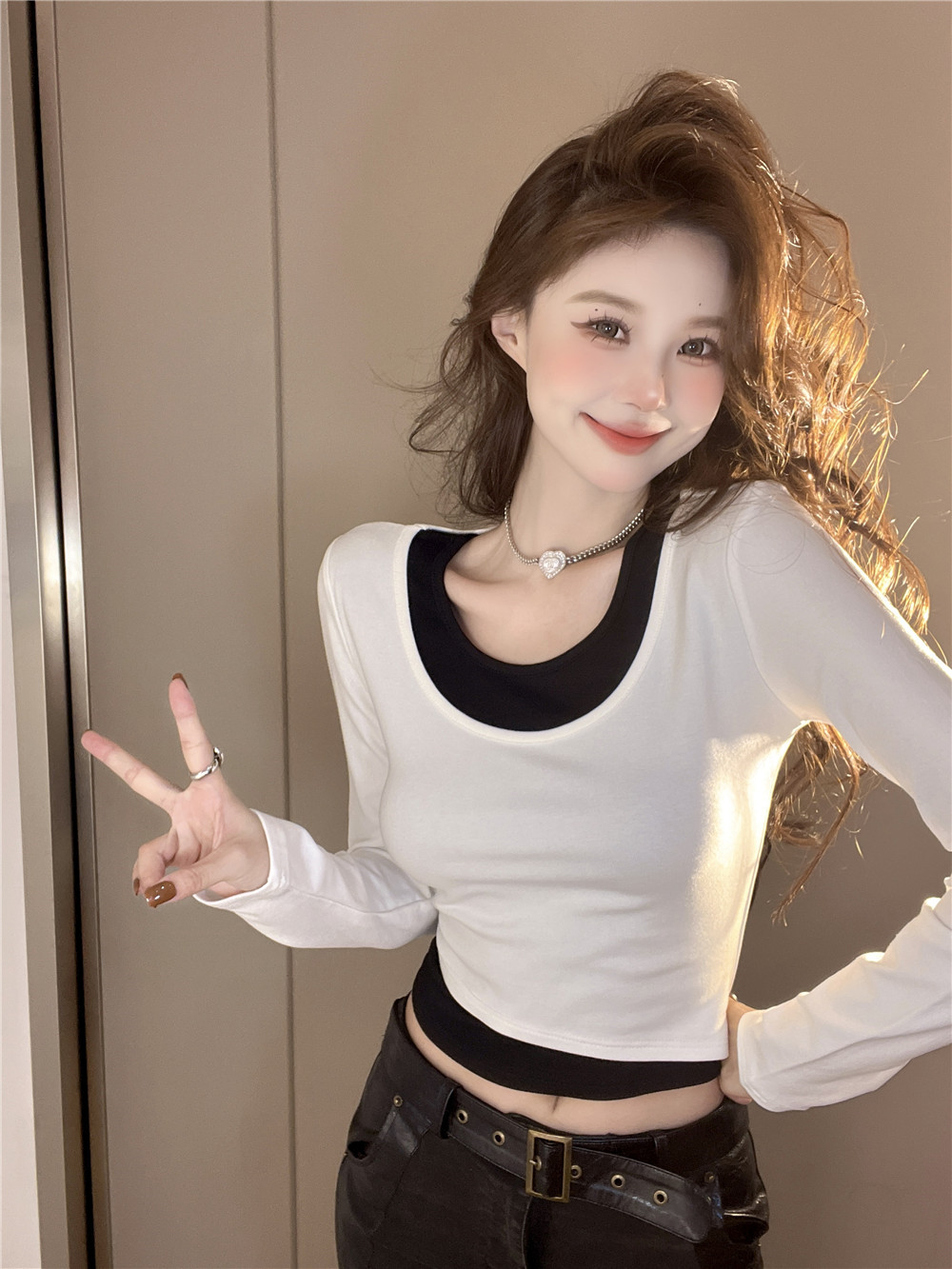 實拍——新款撞色假兩件辣妹修身百搭長袖打底衫T恤