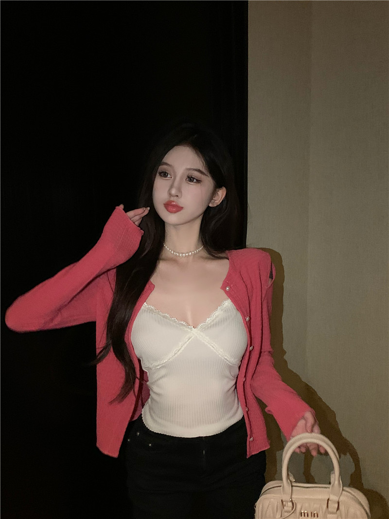 Real shot of 2024 new lace suspenders + design long-sleeved cardigan shot separately