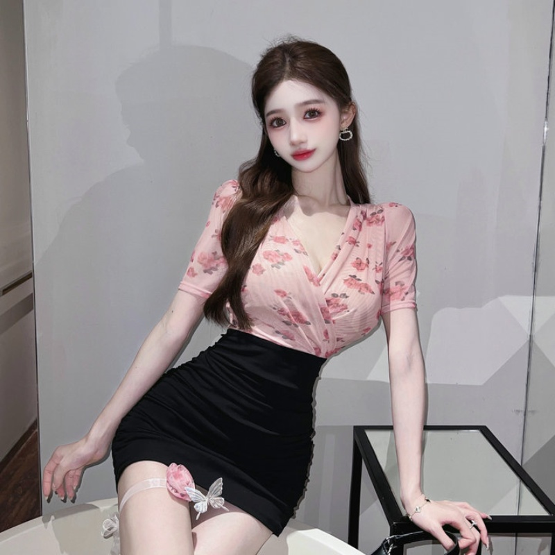 實拍 2024新款性感夜店修身顯瘦拼接印花包臀連衣裙