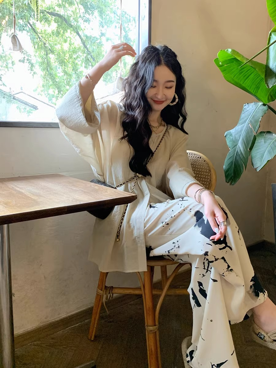 High-waisted retro simple ink print trousers summer thin women's wide-leg floor-length straight pear-shaped body trousers for women