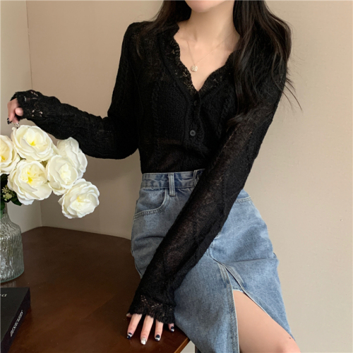 Real shot Spring and summer new style hollow long-sleeved knitted cardigan women's sun protection top