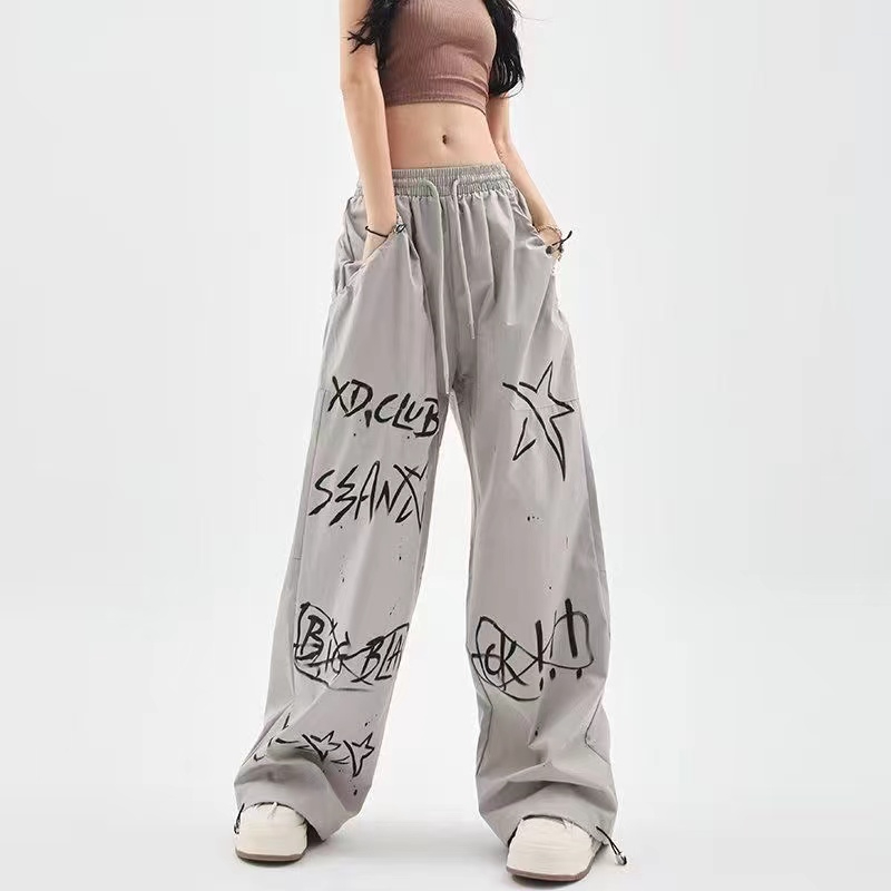 American street hip-hop graffiti sweatpants for men and women, summer thin loose wide-leg casual pants, jazz hip-hop pants