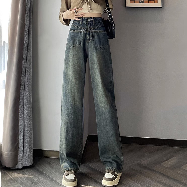 水泥灰闊腿牛仔褲女秋季新款百搭高腰寬鬆垂感直筒褲子美式高街潮