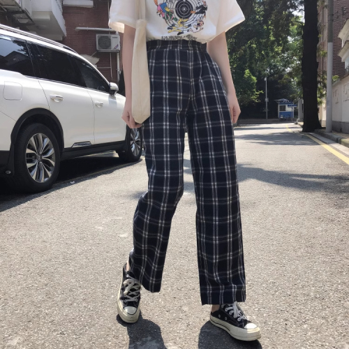 Spring New Retro Plaid Casual Pants High Waist Slim Loose Wide Leg Pants Student Versatile Pants Women